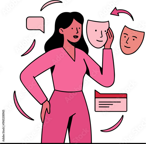 Woman holds theatrical masks while considering different identities in a moment of self-reflection.