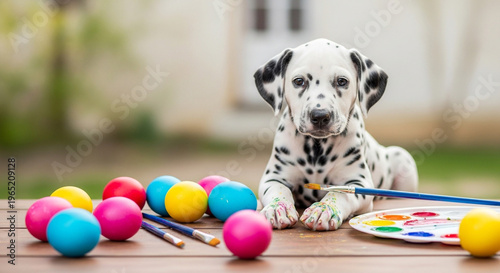 Wallpaper Mural Adorable Dalmatian puppy with painted paws sitting at a table with colorful Easter eggs and art supplies in a sunny garden Torontodigital.ca