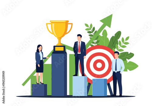 Modern flat vector illustration of business growth concept with professionals on rising bar chart, upward arrow trend, target board and trophy symbol