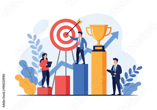 Modern flat vector illustration of business growth concept with professionals on rising bar chart, upward arrow trend, target board and trophy symbol
