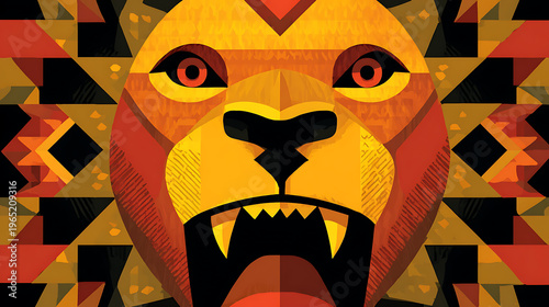 Colorful geometric lion illustration with tribal patterns