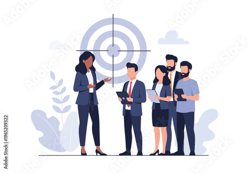 Modern flat vector illustration of confident female leader presenting business strategy to team with target icon, corporate leadership concept