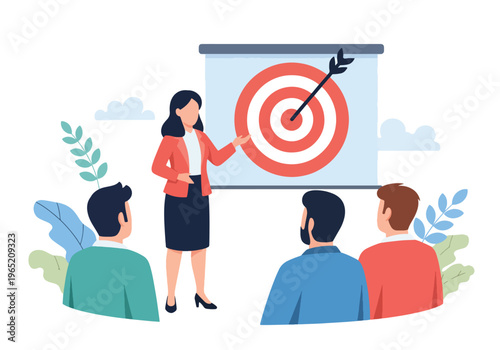 Modern flat vector illustration of confident female leader presenting business strategy to team with target icon, corporate leadership concept