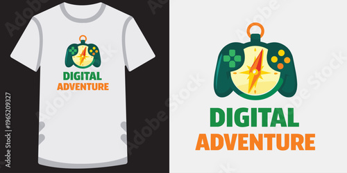 Digital adventure gaming logo on t shirt featuring controller and gold compass needle icon.