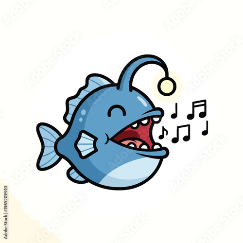 A cartoonish blue fish with an angler's lure sings musical notes. A big open mouth reveals red gums. There are black lines and details