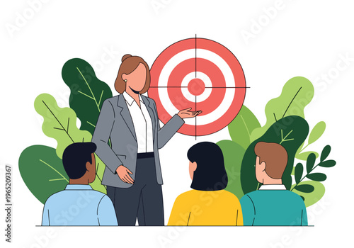Modern flat vector illustration of confident female leader presenting business strategy to team with target icon, corporate leadership concept