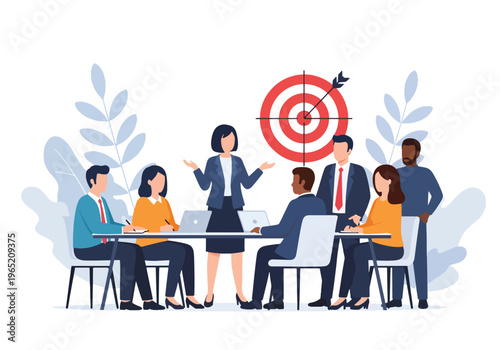 Modern flat vector illustration of confident female leader presenting business strategy to team with target icon, corporate leadership concept