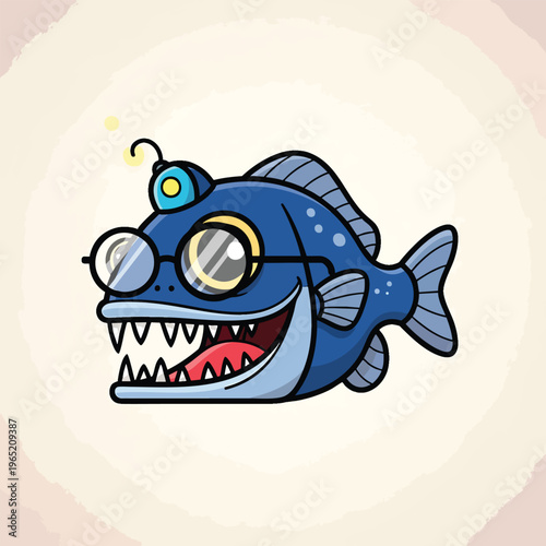 A cartoon-style illustration of a blue fish with glasses and a light on its head, with sharp teeth. It's smiling against a beige background