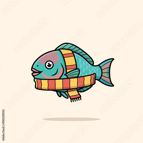 A cartoon-style fish wearing a striped scarf. The fish is aqua, with a pink cheek and eye. Background is a solid light beige