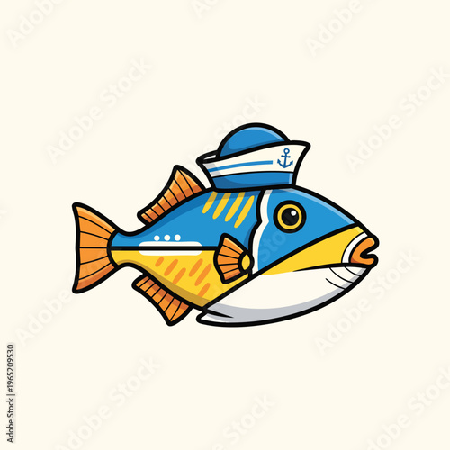 A cartoon-style illustration of a fish wearing a sailor hat. It has a blue body and yellow belly with orange fins, with an anchor on the hat