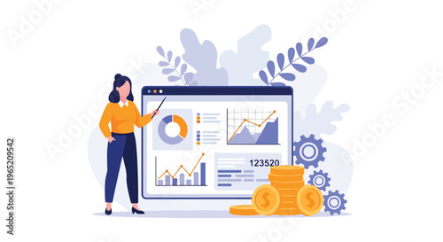 Modern flat vector illustration of financial analytics dashboard with charts and coins, business investment growth and performance analysis concept