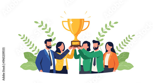 Modern flat vector illustration of business team celebrating success holding large golden trophy, corporate achievement concept