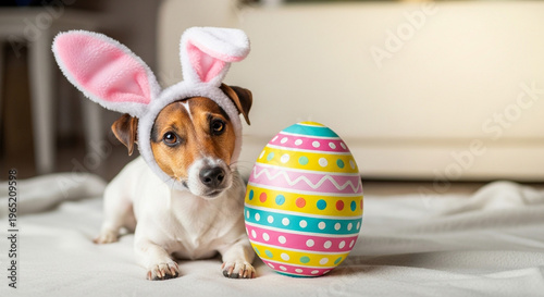 Wallpaper Mural Cute Jack Russell dog wearing pink bunny ears next to a colorful Easter egg Torontodigital.ca