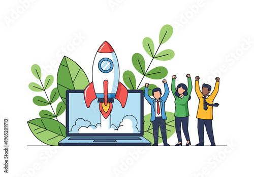 Modern flat vector illustration of startup launch concept with rocket taking off from laptop, business growth and innovation strategy theme