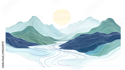 Abstract Mountain Landscape with Winding River