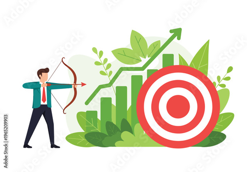 Modern flat vector illustration of businessman hitting target with arrow and upward growth chart, goal achievement and performance concept