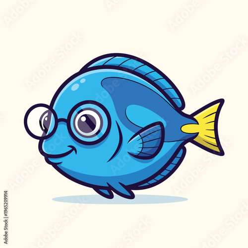 A cartoon-style illustration of a blue fish with glasses, smiling. It has a yellow tail and fins with dark outlining, on an off-white background