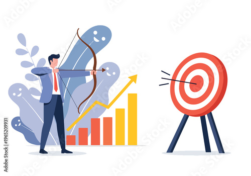 Modern flat vector illustration of businessman hitting target with arrow and upward growth chart, goal achievement and performance concept