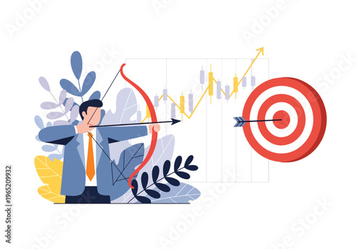 Modern flat vector illustration of businessman hitting target with arrow and upward growth chart, goal achievement and performance concept