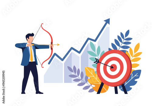 Modern flat vector illustration of businessman hitting target with arrow and upward growth chart, goal achievement and performance concept