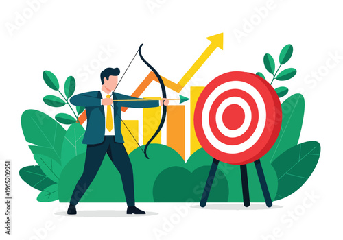Modern flat vector illustration of businessman hitting target with arrow and upward growth chart, goal achievement and performance concept