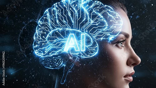 AI Enhanced Mind: A luminous, digitized brain overlayed on a woman, a powerful visual symbolizing artificial intelligence's impact on human intellect and innovation.