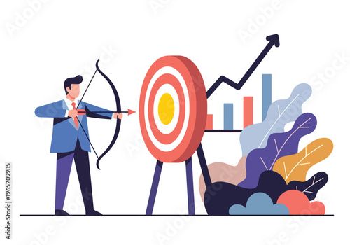 Modern flat vector illustration of businessman hitting target with arrow and upward growth chart, goal achievement and performance concept