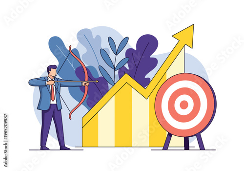 Modern flat vector illustration of businessman hitting target with arrow and upward growth chart, goal achievement and performance concept