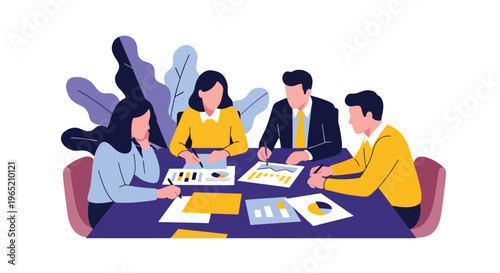 Modern flat vector illustration of business strategy planning session with team analyzing charts and documents, corporate workflow concept