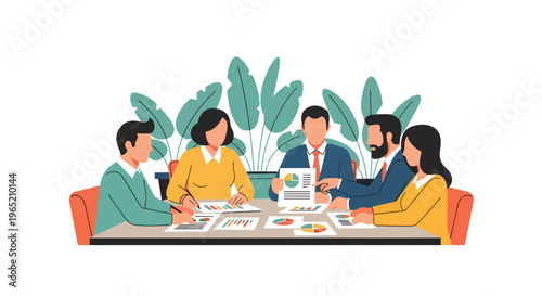Modern flat vector illustration of business strategy planning session with team analyzing charts and documents, corporate workflow concept