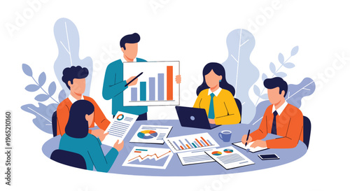 Modern flat vector illustration of business strategy planning session with team analyzing charts and documents, corporate workflow concept