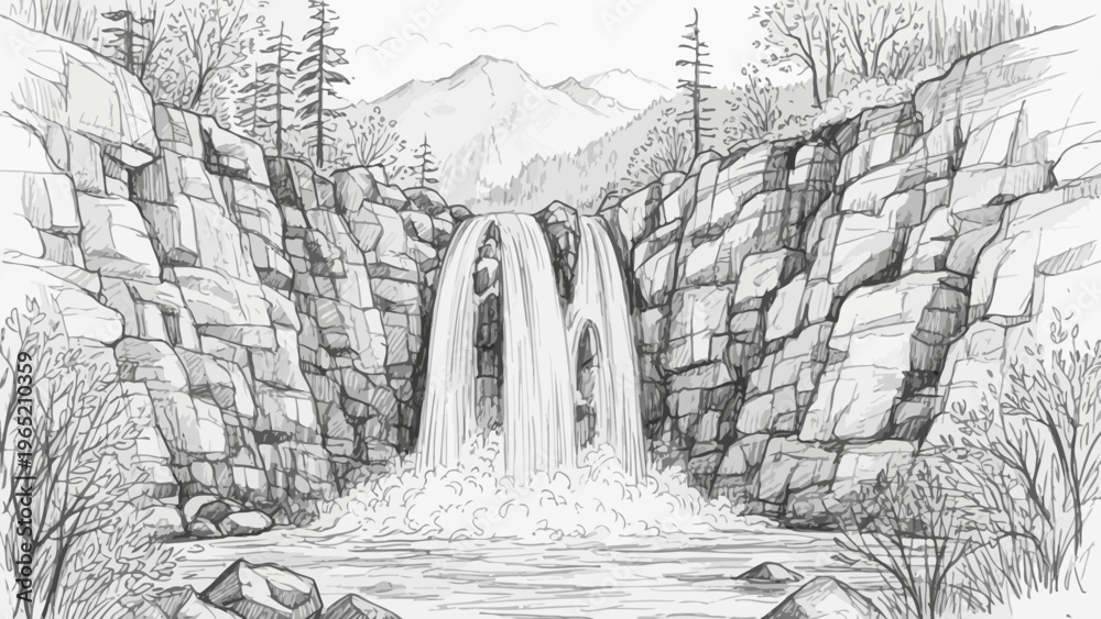 Fototapeta premium Hand-drawn Waterfall Cascading Down Rocky Cliffs into a Serene Pool