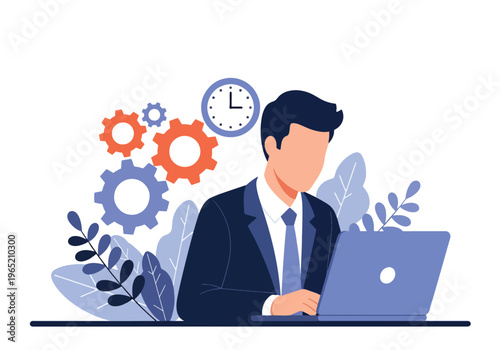 Modern flat vector illustration of employees working with gears and clock icons, productivity improvement and time management concept