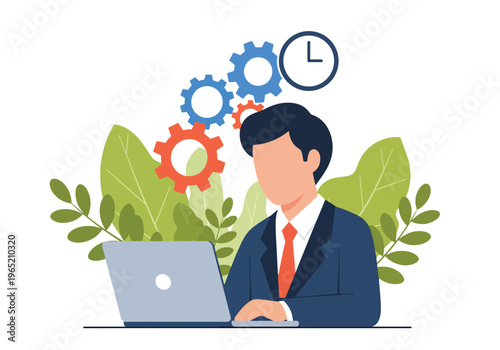 Modern flat vector illustration of employees working with gears and clock icons, productivity improvement and time management concept