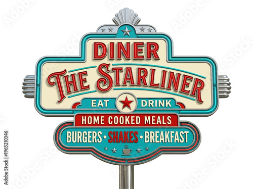 Vibrant retro American roadside diner sign featuring bold typography, advertising classic meals, drinks, and breakfast.