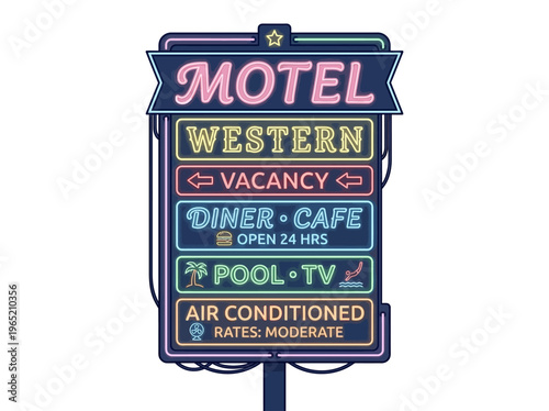Classic American roadside motel neon sign illustration, brightly glowing with vacancy, diner, and amenity information.