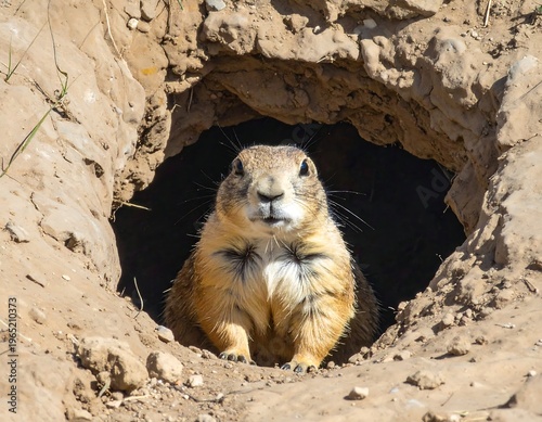 A ground squirrel emerges from its burrow, looking directly at the camera