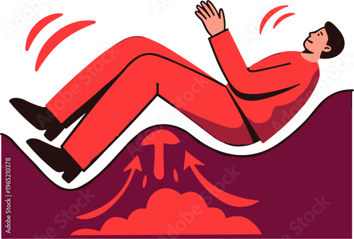 Man wearing red clothes sliding down a wavy purple surface with red cloud