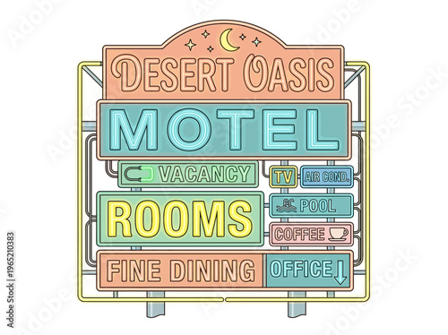 Vibrant retro flat vector illustration of a desert oasis motel neon sign, advertising rooms, pool, and fine dining, classic roadside travel icon