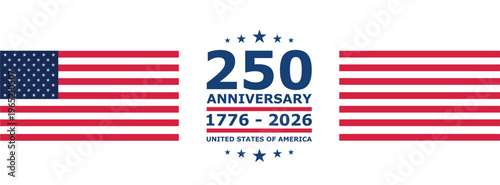 USA 250 anniversary banner with flag elements. Patriotic design for Independence Day promotions, headers and celebration graphics