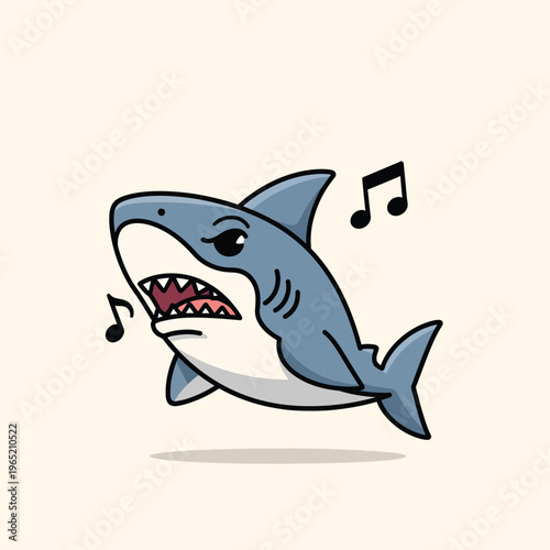 A cartoon shark with blue skin and a white belly is singing, music notes surround it.  A cartoon-style image with a drop shadow