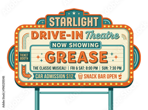 Retro Drive-In Cinema Marquee Sign Advertising Classic Musical, Evening Entertainment, Vintage Outdoor Theater Illustration