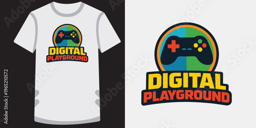 Digital playground t-shirt design with a gamepad controller icon for gamers and esports.