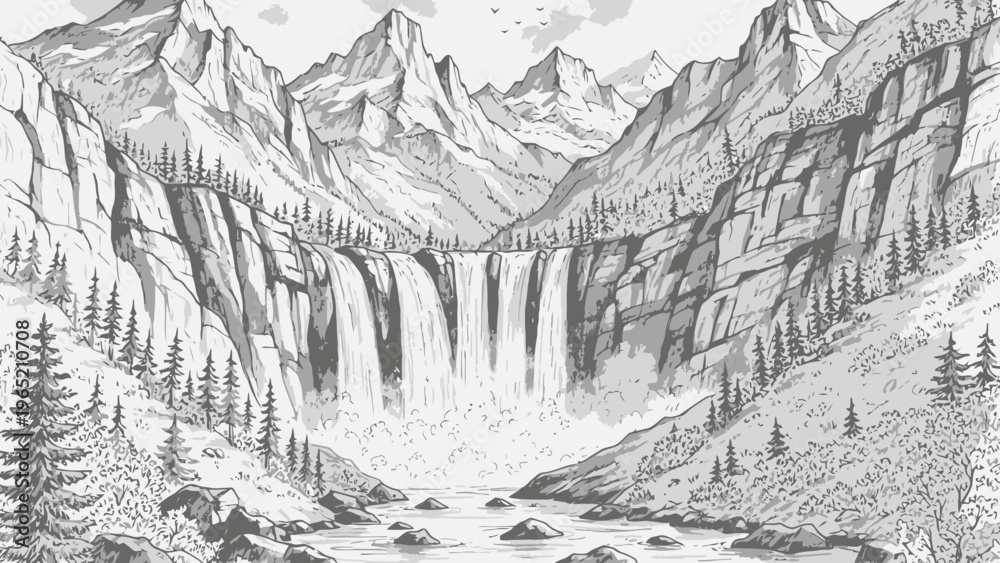 Fototapeta premium Majestic Waterfall Cascading Down Rocky Cliffs in Detailed Black and White Illustration