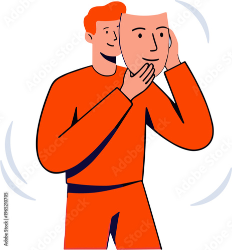 Man wearing a mask while another man peeks from behind in an illustration.