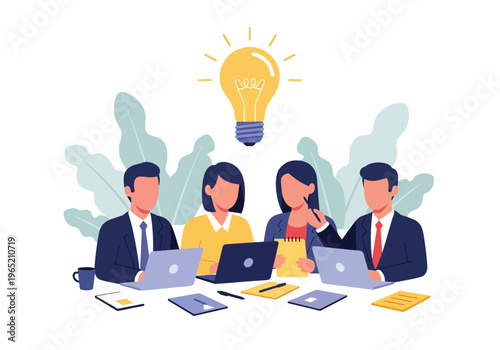 Modern flat vector illustration of business team brainstorming under light bulb idea icon, innovation strategy concept