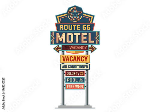Vivid flat vector illustration of a classic American roadside motel sign, advertising vintage accommodation amenities along an historic highway journey