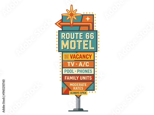 Classic American roadside motel sign flat vector illustration, retro design, vacancy, and amenities for travelers.