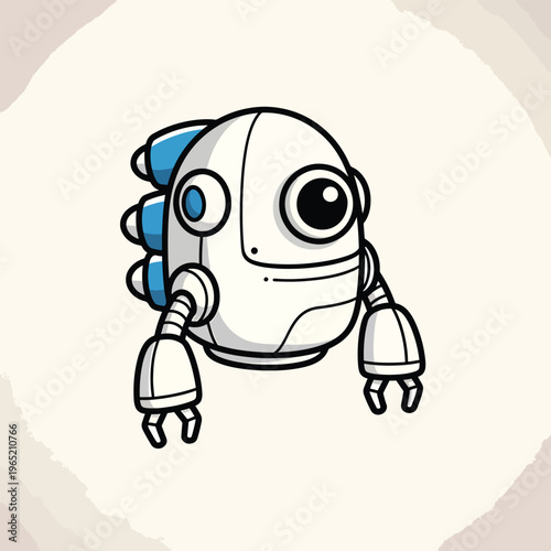 A cartoonish robot with a rounded head, large eyes, blue accents, and a simplistic design, set against a textured, light background