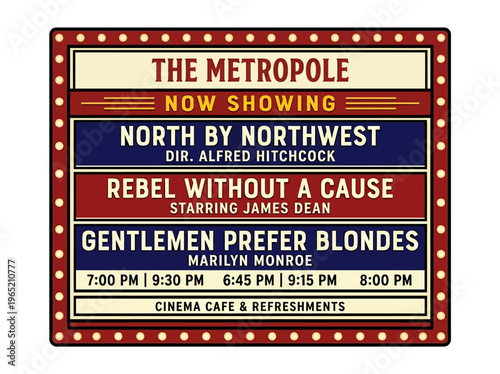 Vintage American cinema marquee signboard in a classic flat vector illustration style, displaying film titles and showtimes.